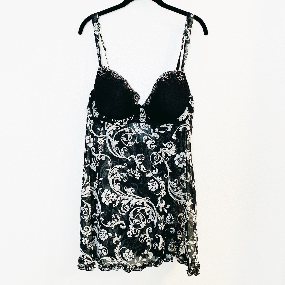 Morgan Taylor Babydoll Chemise & Thong Set 1X NEW Black White Floral Lingerie